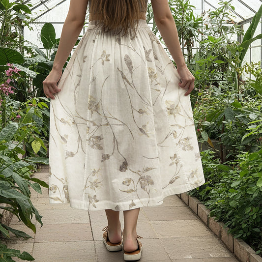 Women Casual Maxi Skirt Long Elastic Waist with Pockets 100% Cotton Green Aloha Elegant Soft Florals