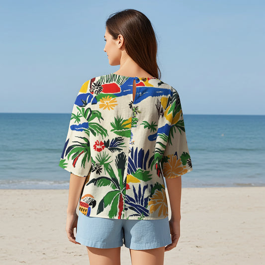 Women Casual Blouse Elbow Sleeve Round Neck Button-Back 95% Lyocell, 5% Linen Red Aloha Vacation Vibes