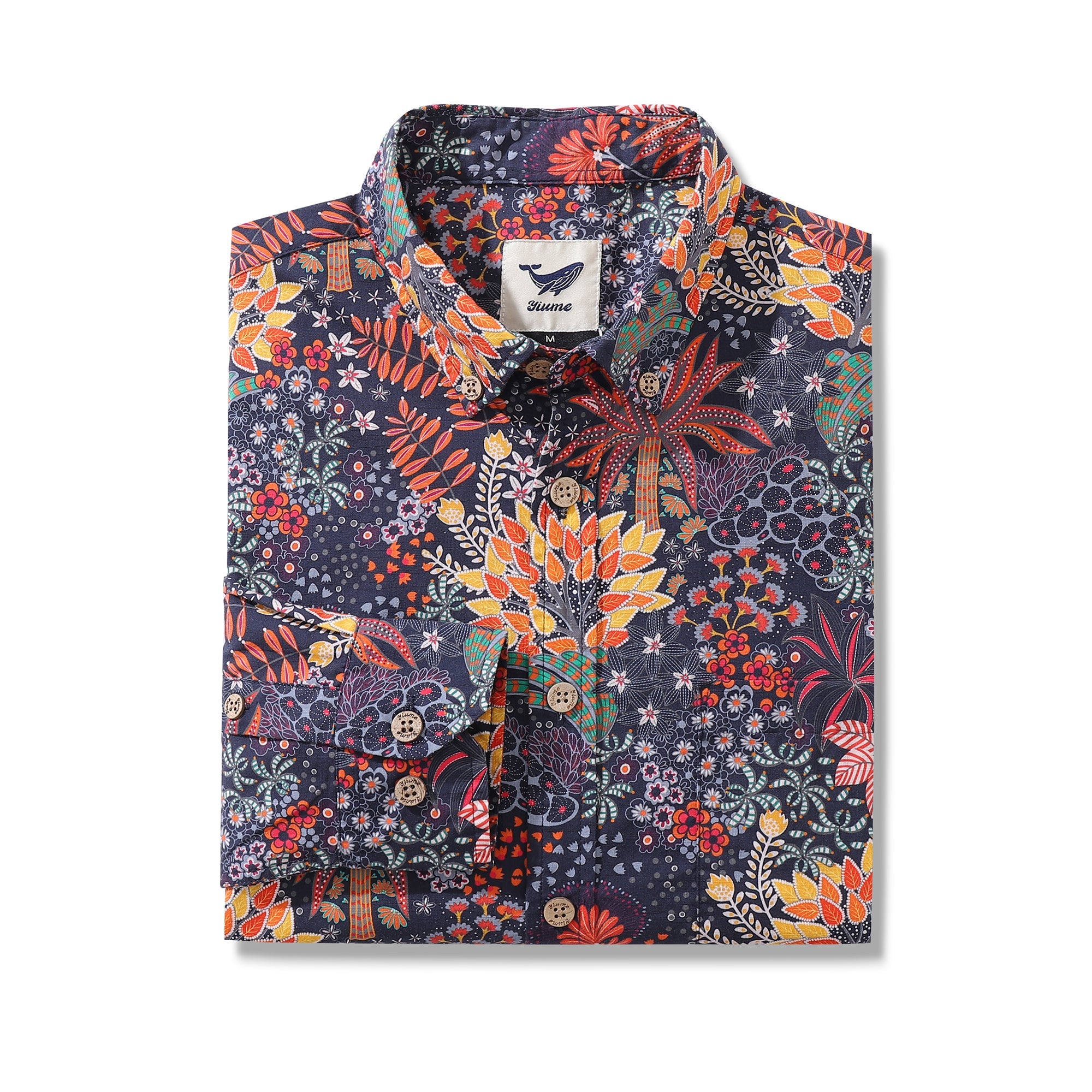 Chemise hawaïenne pour hommes Imprimé de plantes originales en coton Boutonnée à manches longues Aloha