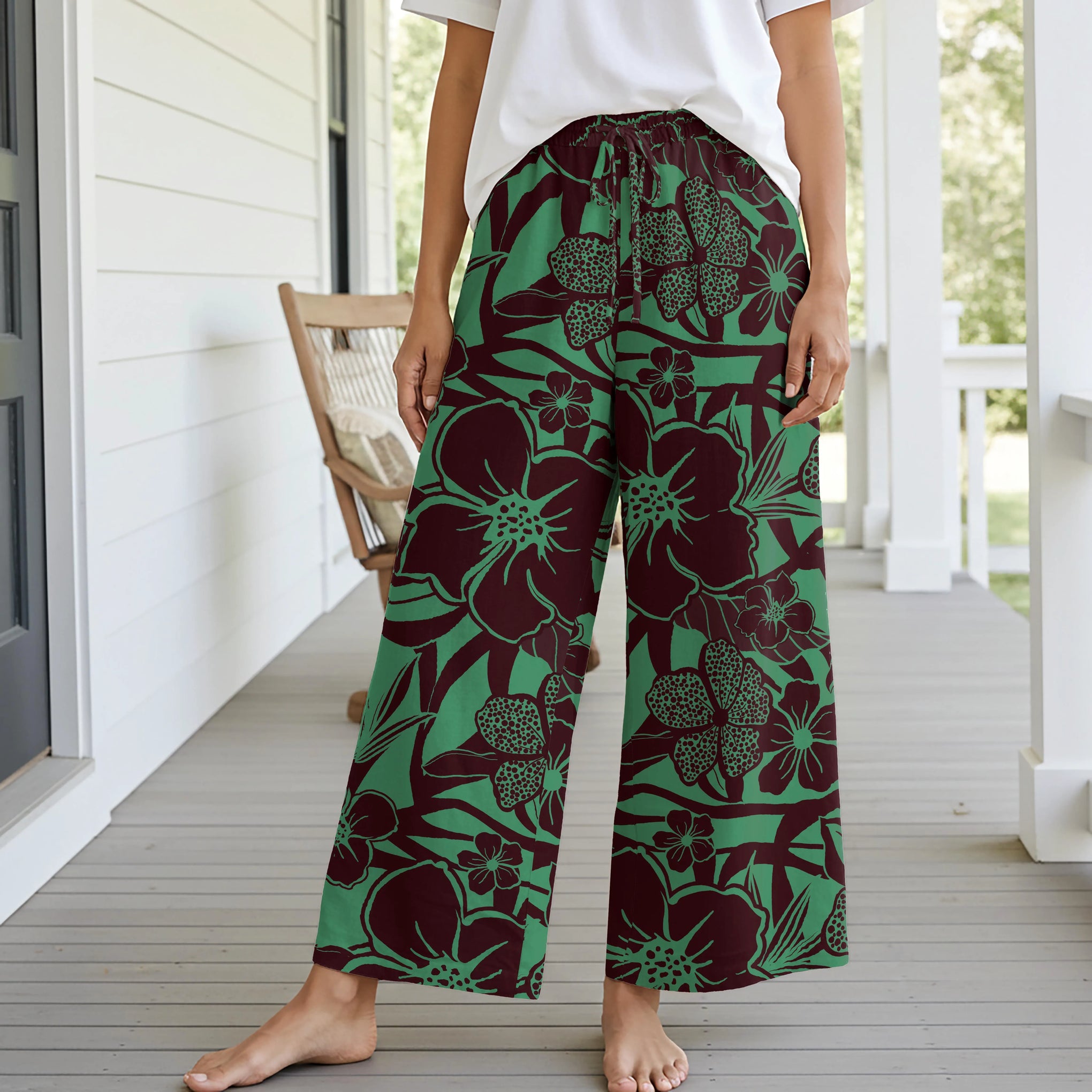Women Casual Pants Lounge Elastic Waist Drawstring with Pockets 93% Lyocell, 7% Linen Green Aloha Impression Of Tropical Plants