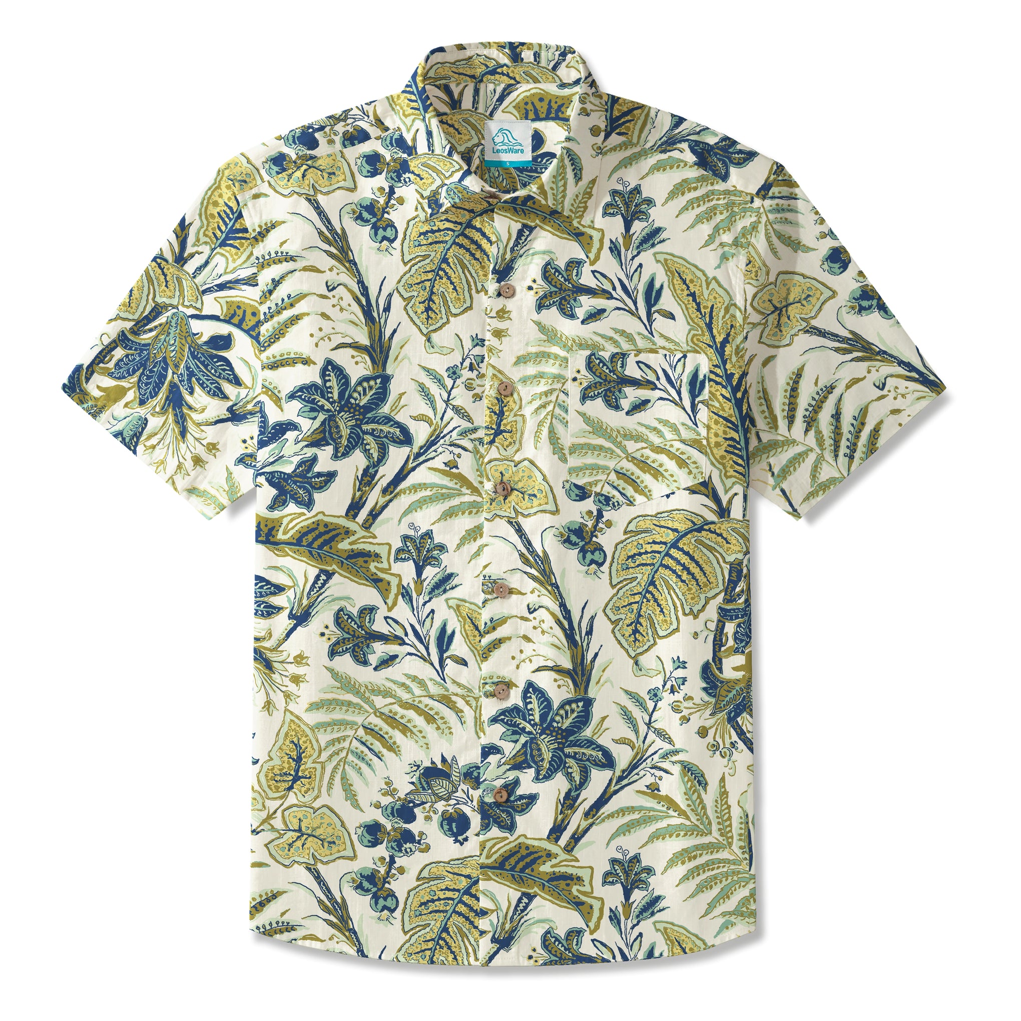 LeosWare® Men's Hawaiian Shirt Short Sleeve Button-up 100% Cotton Green Aloha Tropical Leaves