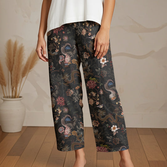 Women Casual Ankle Pants Lounge Elastic Waist with Pockets 93% Lyocell, 7% Linen Black Aloha Ink Charm Eastern Dream