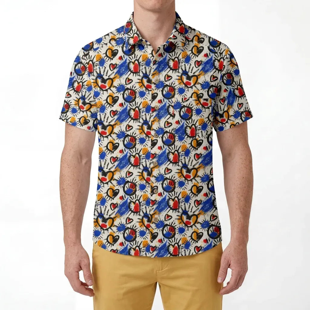 Men's white aloha shirt with colorful heart design, button-up