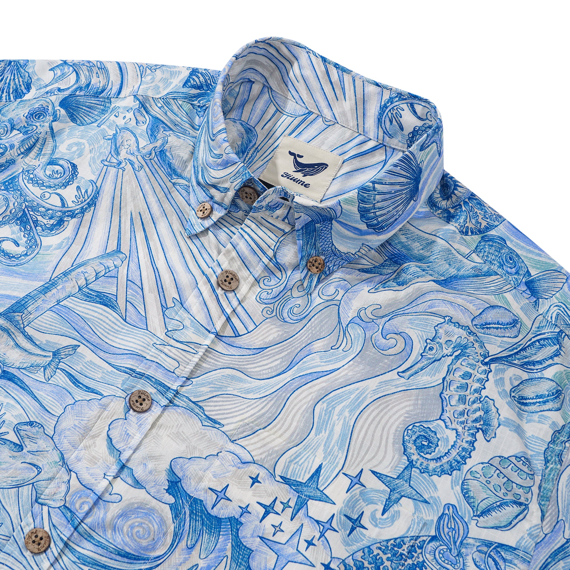 Chemise hawaïenne pour homme à manches courtes, boutonnée, 100 % coton, bleue, Aloha Rêve de l'Océan