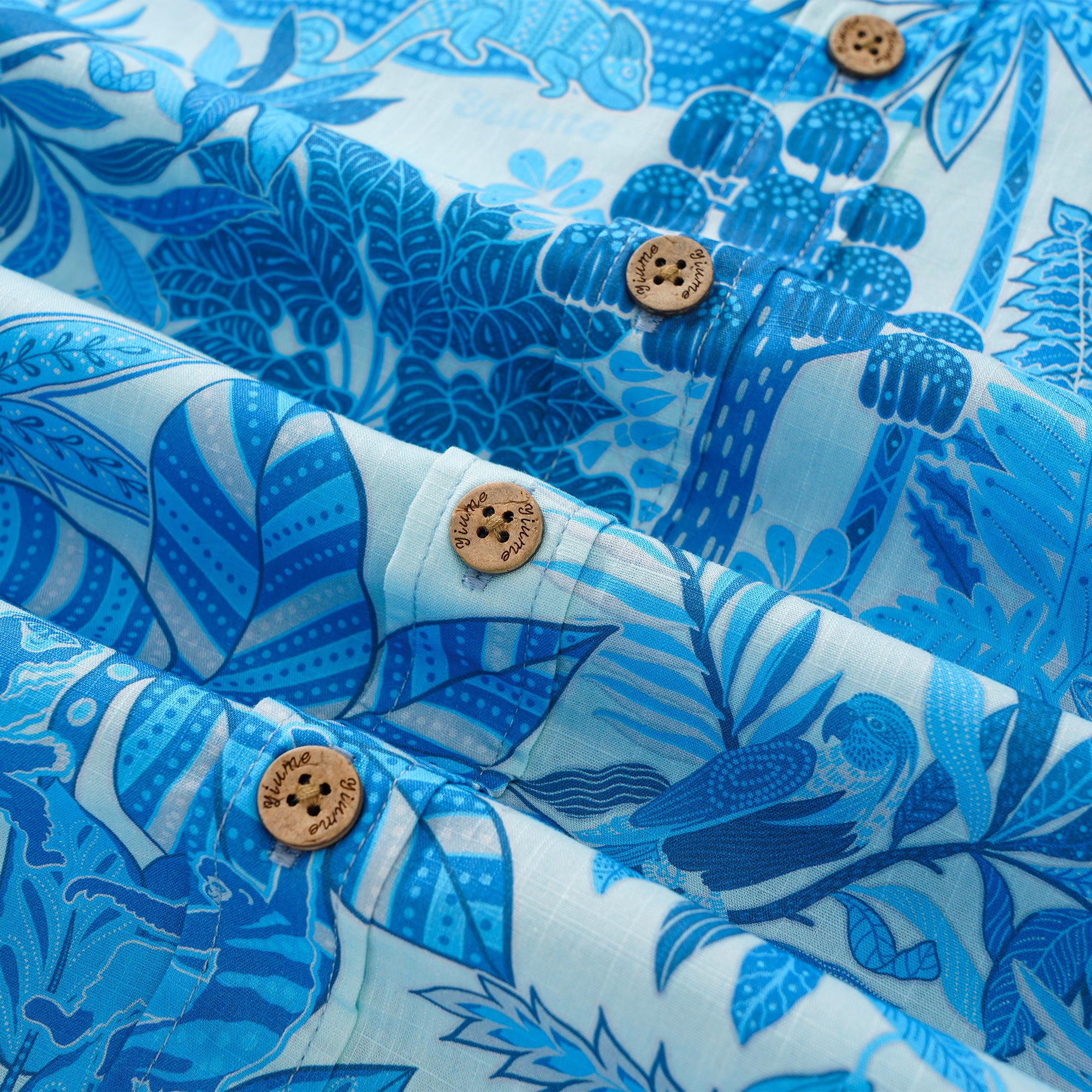 Herren-Hawaiian-Hemd Kurzärmel Button 100% Baumwollblau Aloha Jungle Paradise