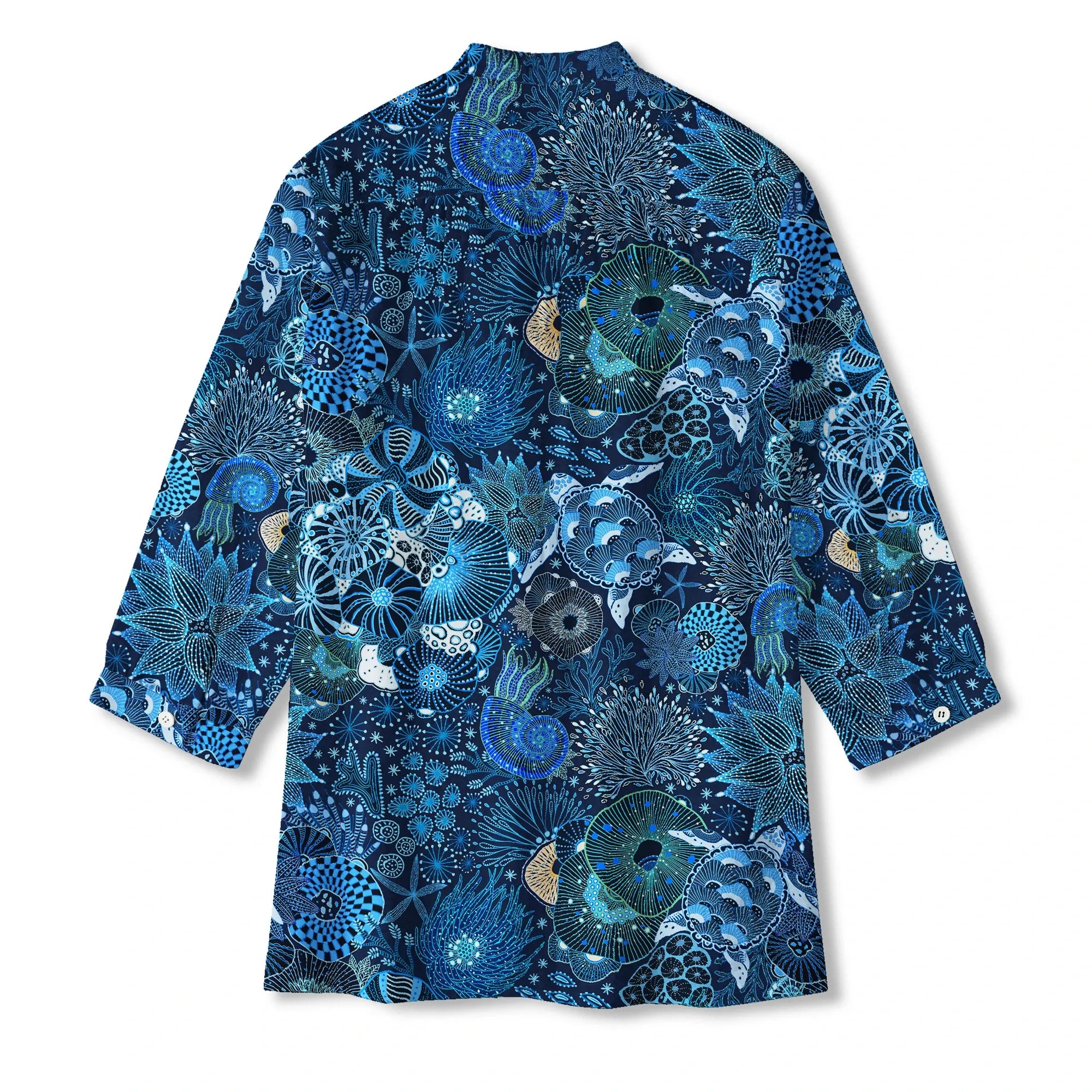 Blue Aloha Reef Rules blouse featuring marine life design