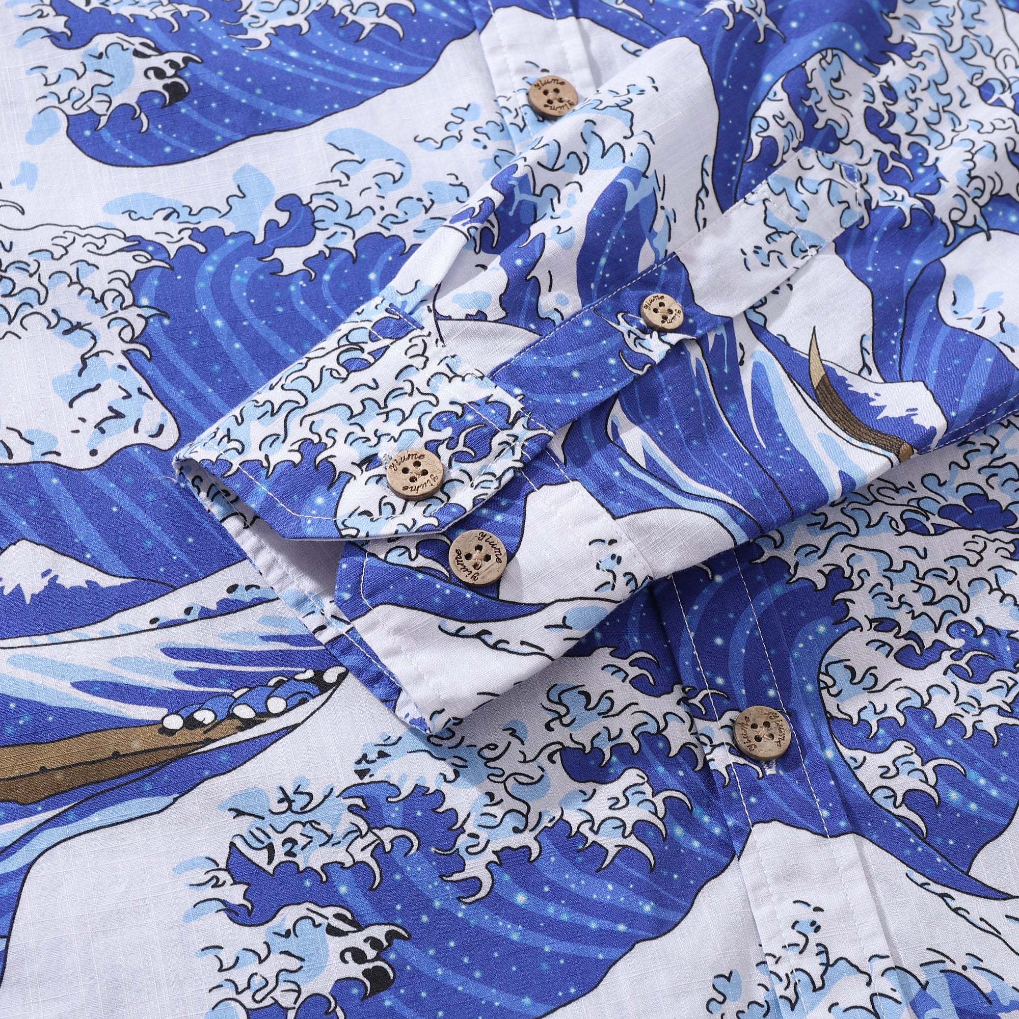  Hawaian KAIKAMAHINEピクチャー柄 ロングスリーブ Ocean Waves Men's Hawaiian Shirt - Ukiyo-e Art Cotton Button-down