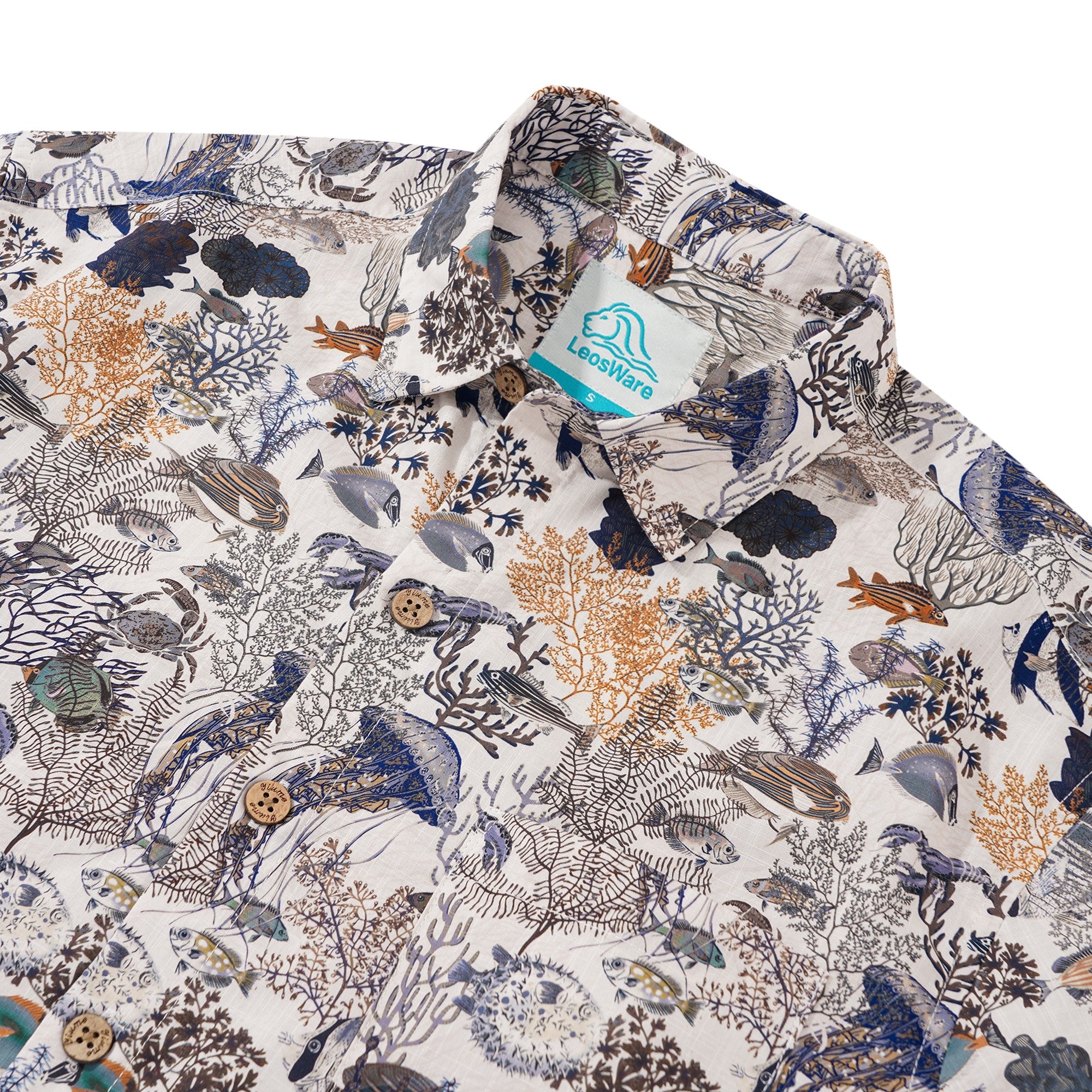 LeosWare® Men's Hawaiian Shirt Short Sleeve Button-up 100% Cotton Blue Aloha Fresh Oceanic Marine Ecological Pattern Design