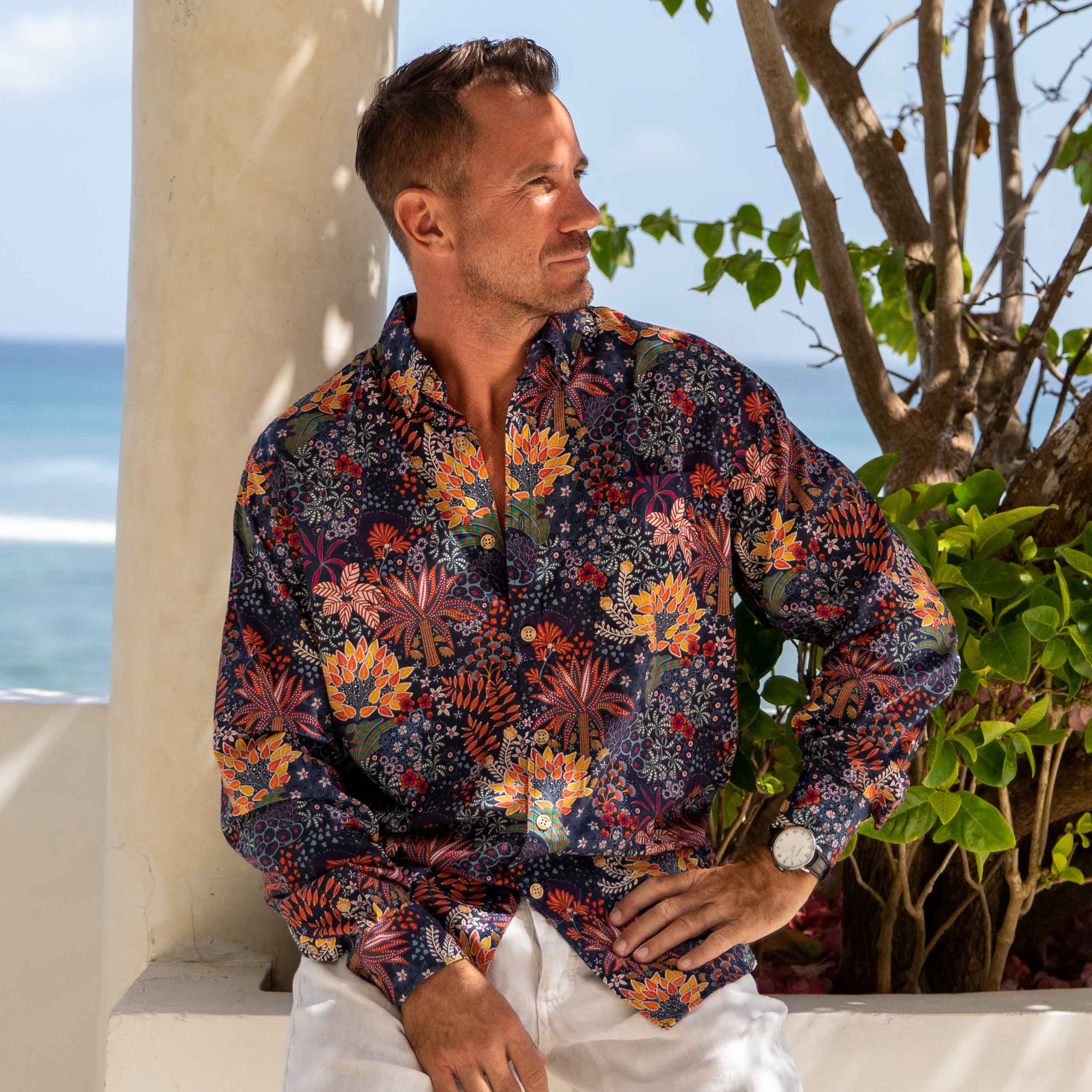 Men's Hawaiian Shirt Quirky Plants Print Cotton Button-down Long Sleeve Aloha Shirt