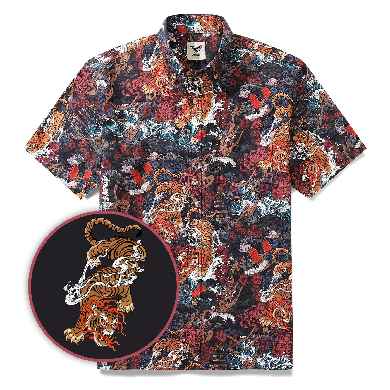 Herren Tiger Hemd 1950er Jahre Vintage Hawaiian Shirt für Herren Kurzarm Baumwolle Aloha Hemd