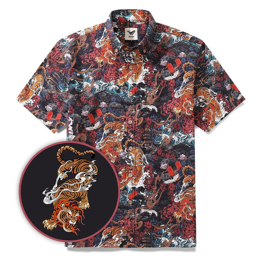 Men's Tiger Shirt 1950s Vintage Hawaiian Shirt For Men Short Sleeve Cotton Aloha Shirt Tiger In The Mist