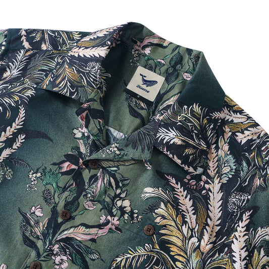Sérénade Verte de Fleurs Chemise à Col Camp en Coton 100% pour Homme à Manches Courtes Aloha Hawaïenne Verte