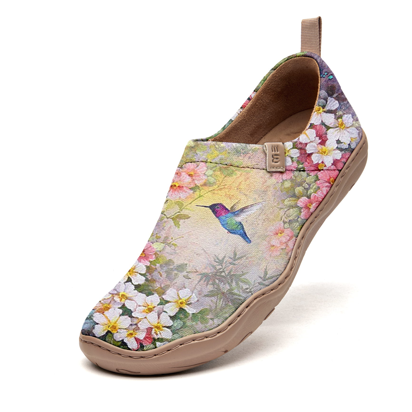 Women's Art Slip-On Casual Canvas Shoes Floral Hummingbird Whimsy Print Painted 100% Cotton Floral And Avian Art Women Shoes
