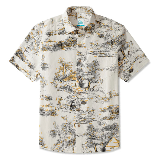 LeosWare® Men's Hawaiian Shirt Short Sleeve Button-up 100% Cotton Beige Aloha Countryside Idyll Sketchbook