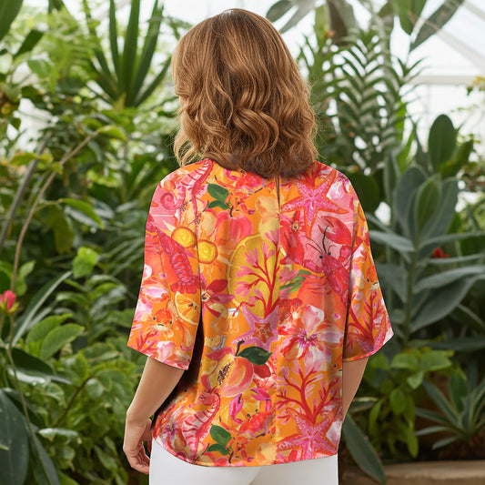 Women Casual Blouse Elbow Sleeve Round Neck Button-Back 100% Lyocell Orange Aloha Tropical Seaside Fiesta Print
