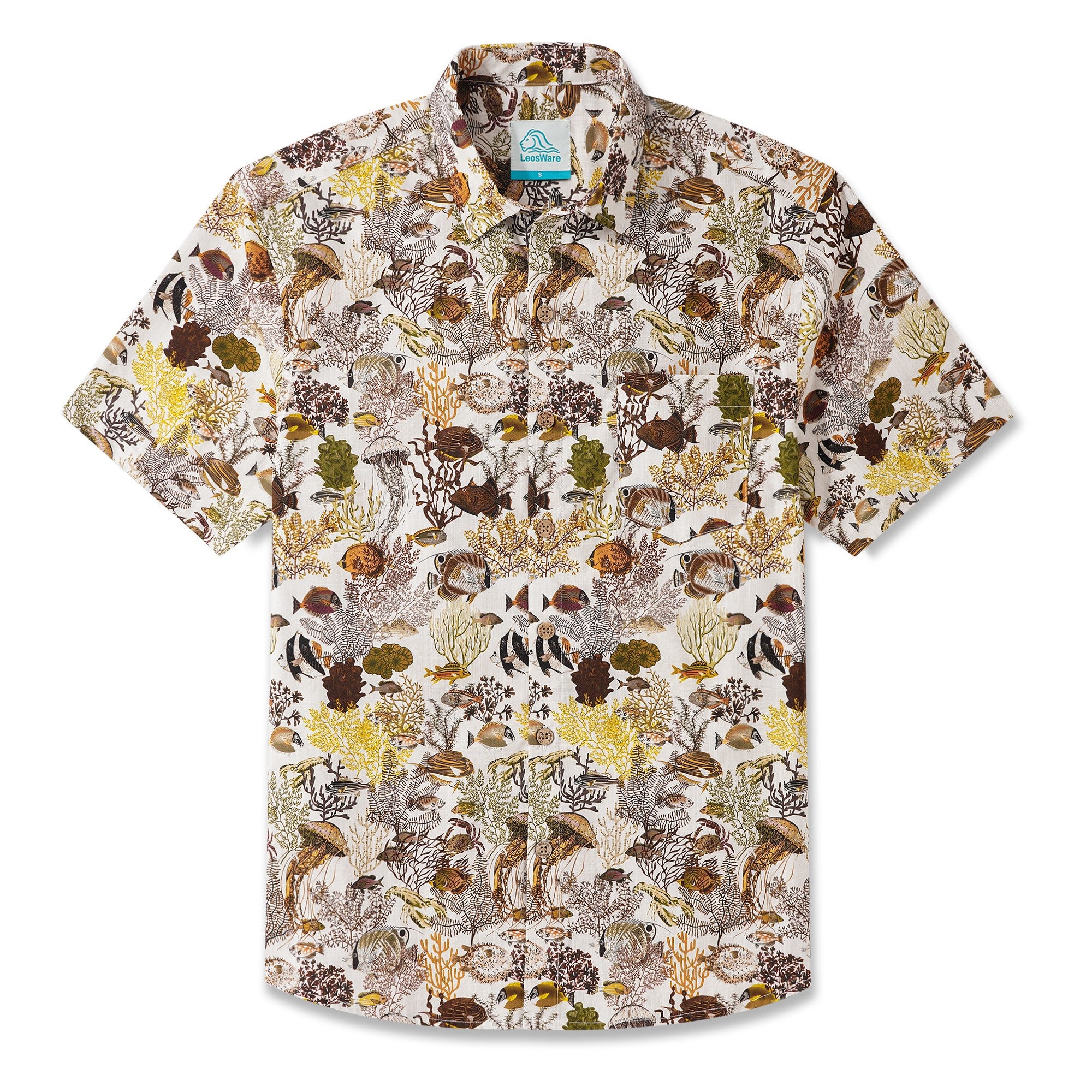 LeosWare® Men's Hawaiian Shirt Short Sleeve Button-up 100% Cotton Yellow Aloha Retro Oceanic Biome Ecological Pattern Illustration