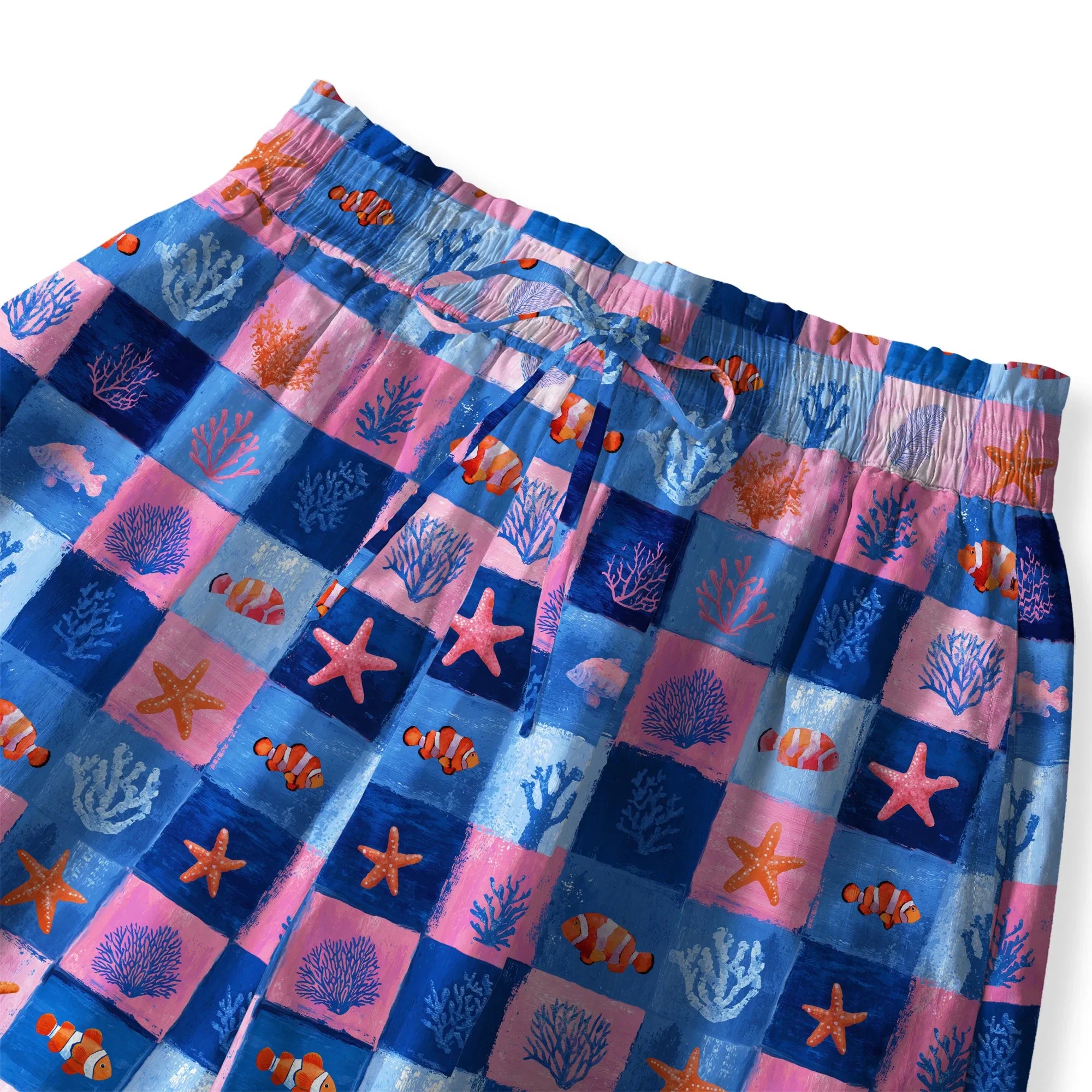 Elastic waist drawstring palazzo pants in blue coral plaid