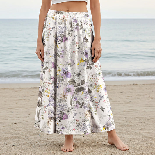 Women Casual Maxi Skirt Long Elastic Waist with Pockets 100% Cotton Purple Aloha Dream Of Soft Purple Flowers