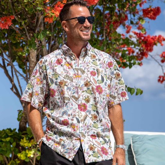 Chemise hawaïenne pour hommes Chintz couleurs printanières imprimées par Christina Brimage chemise Aloha en coton boutonnée à manches courtes