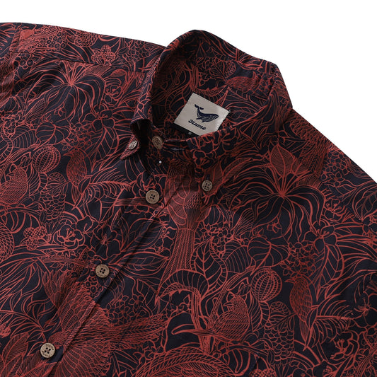 Men's Breathable Shirt Red Hawaiian Shirt Birds Print 100% Cotton Short Sleeve Button-down Shirt