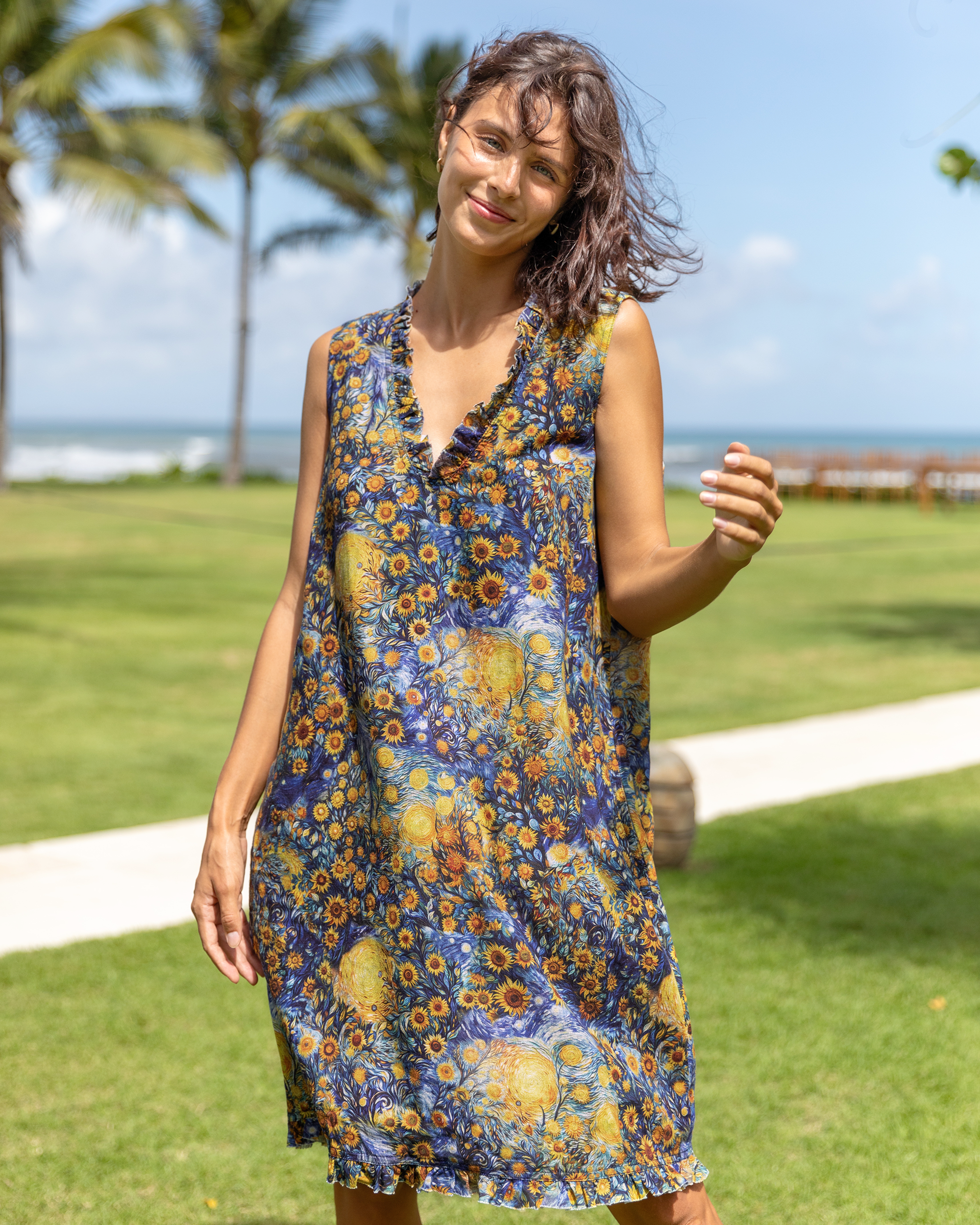 Hawaiian Dress For Women Beach Vacation Dress Van Gogh Sunflower V-Neck Dress Van Gogh Sunflower Dress