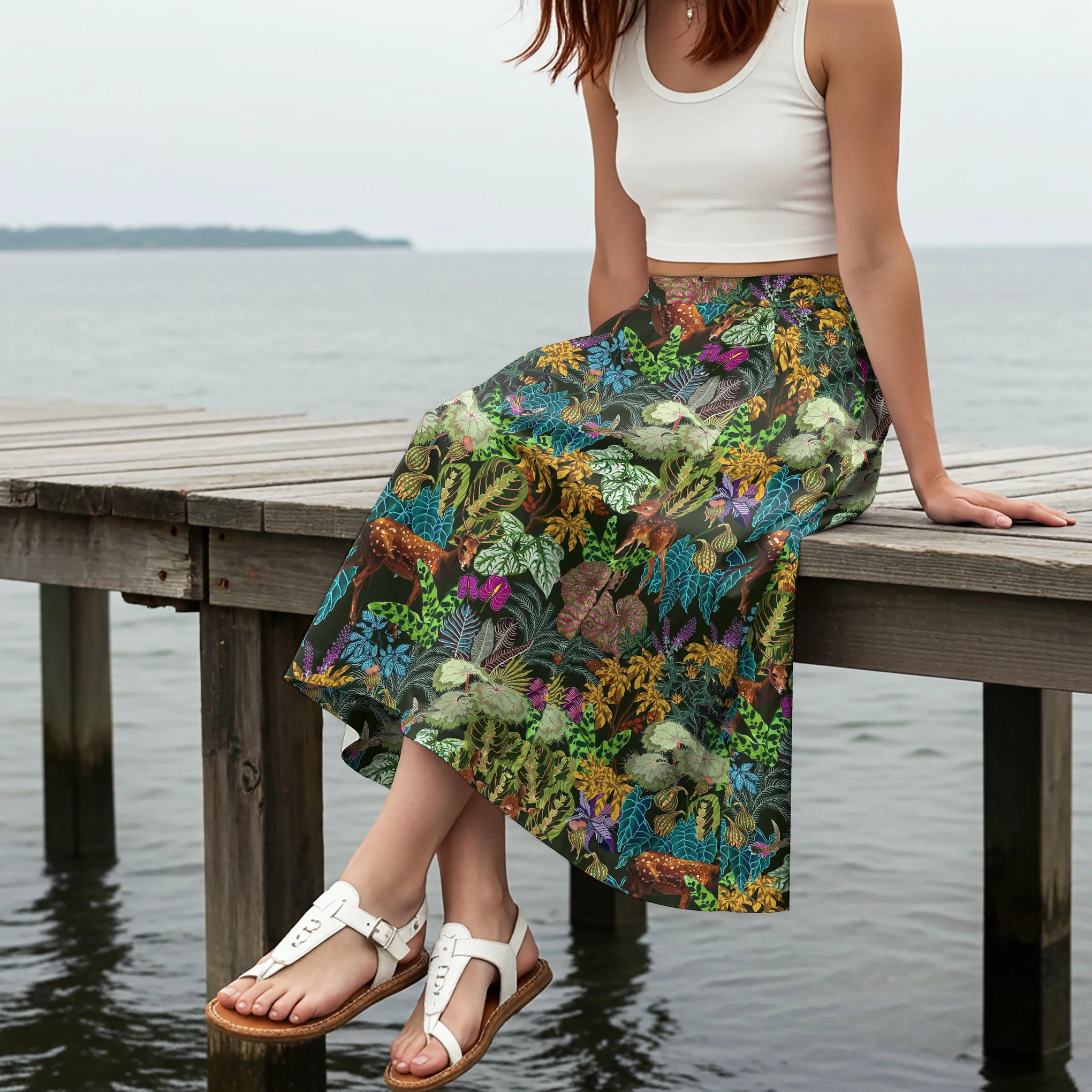 Women Casual Maxi Skirt Long Elastic Waist with Pockets 100% Cotton Green Aloha Enchanted Forest Deer