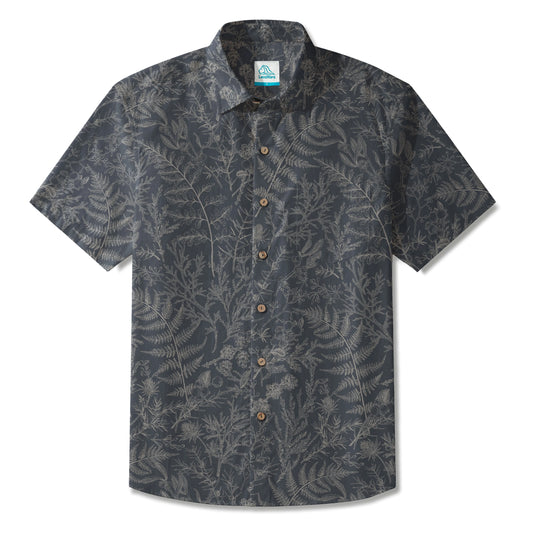 LeosWare® Men's Hawaiian Shirt Short Sleeve Button-up 100% Cotton Blue Aloha Enchanted Fern Grove Journal