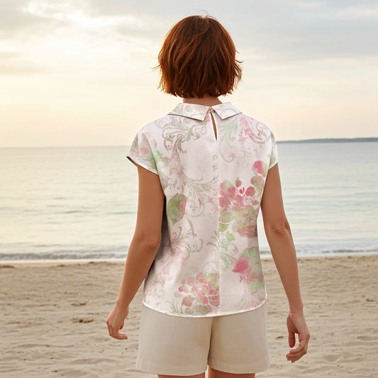 Women Casual Blouse Cap Sleeve Fold-Over Neck Button-Back 100% Lyocell Aloha Soft Pink Blossom