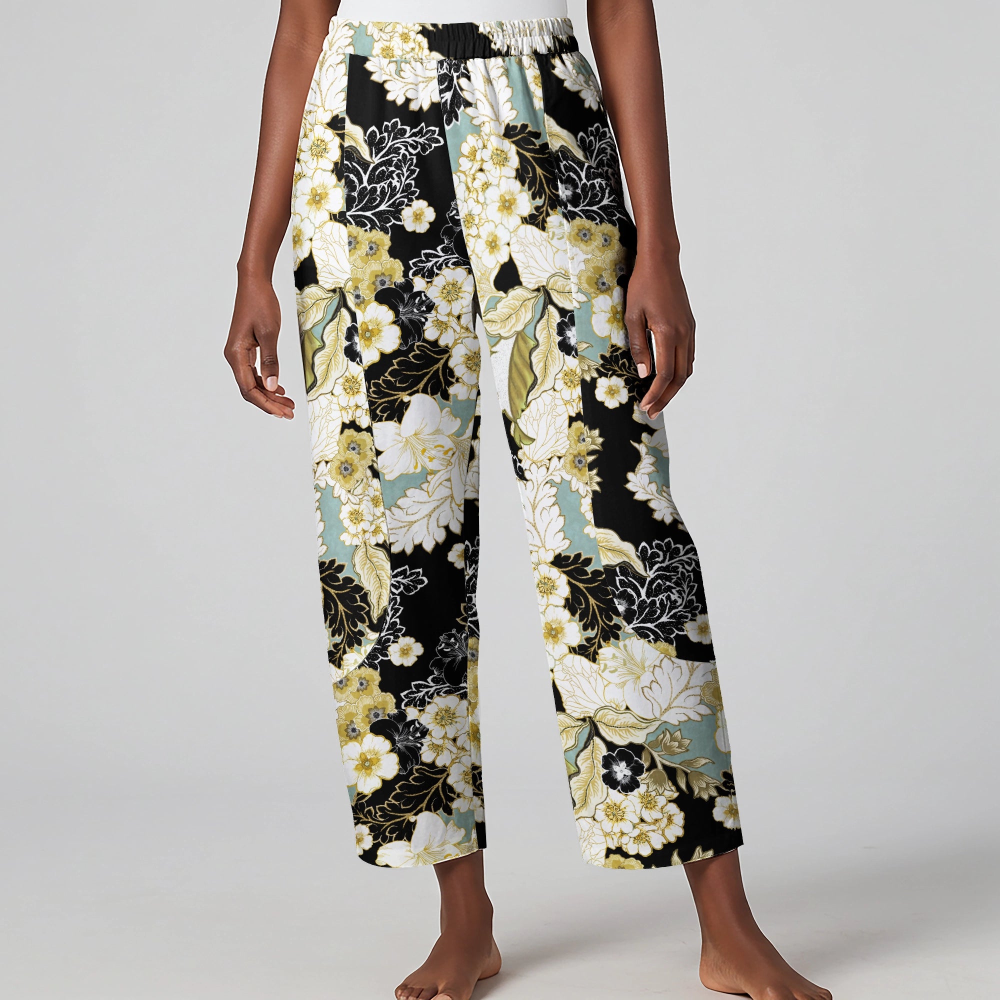 Women Casual Ankle Pants Lounge Elastic Waist with Pockets 93% Lyocell, 7% Linen Black Aloha Golden Floral Design