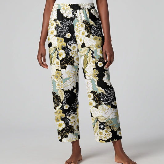 Women Casual Ankle Pants Lounge Elastic Waist with Pockets 93% Lyocell, 7% Linen Black Aloha Golden Floral Design