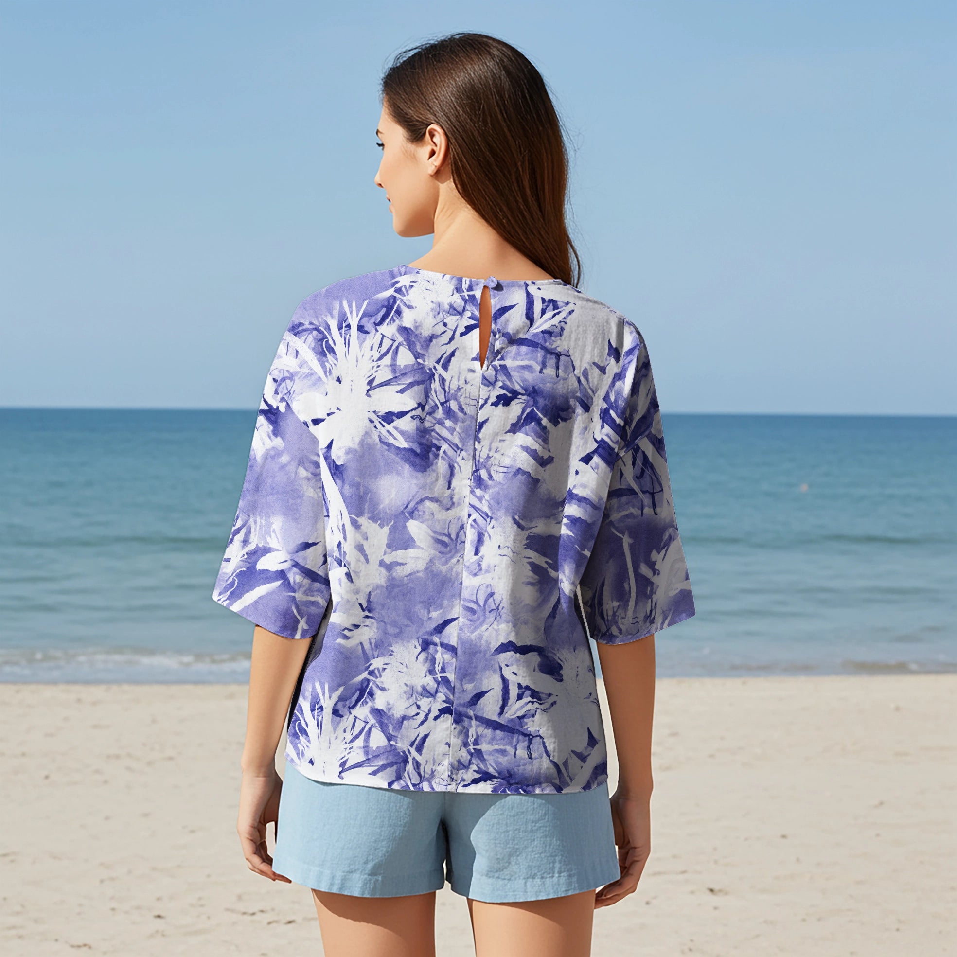 Women Casual Blouse Elbow Sleeve Round Neck Button-Back 95% Lyocell, 5% Linen Purple Aloha Chilled Purple Blossom