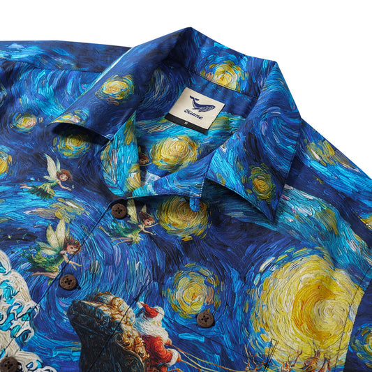 Close-up of blue starry Christmas Hawaiian shirt, Van Gogh inspired
