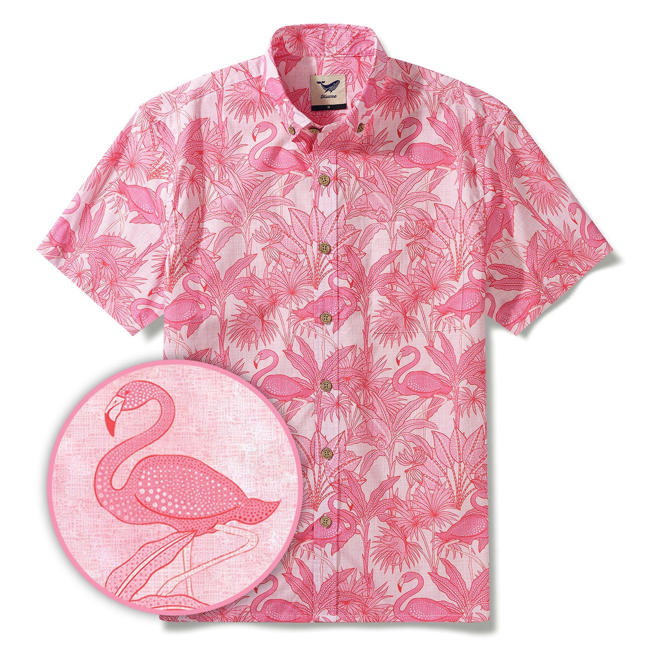 Chemise hawaïenne rose pour homme avec flamants roses, 100 % coton, à manches courtes, à boutons.