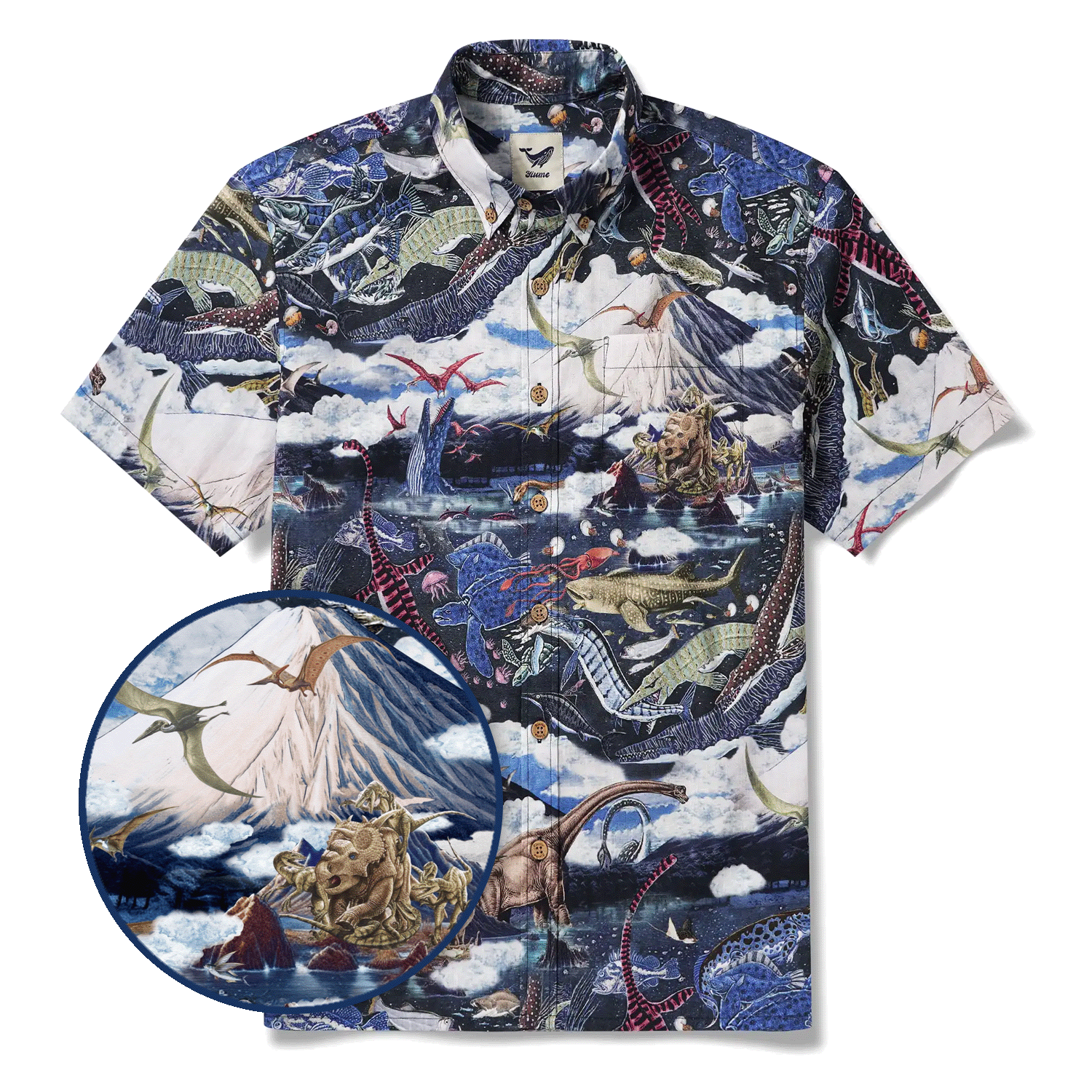 Men's Hawaiian Shirt Short Sleeve Button-down 100% Cotton White Aloha Prehistoric Dinosaur Realm