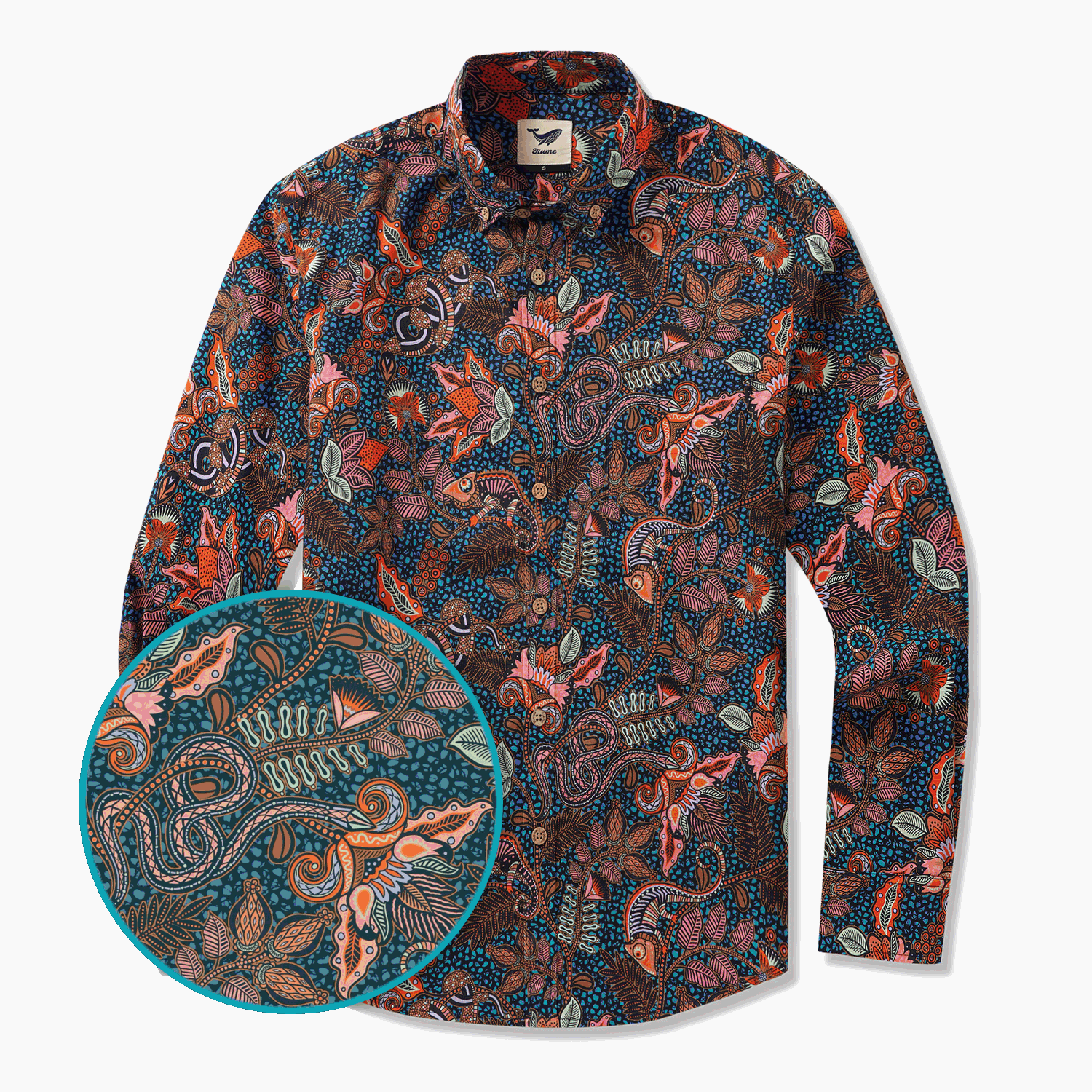 Men's Hawaiian Shirt Long Sleeve Button-down 100% Cotton Green Aloha Chameleon Ankara