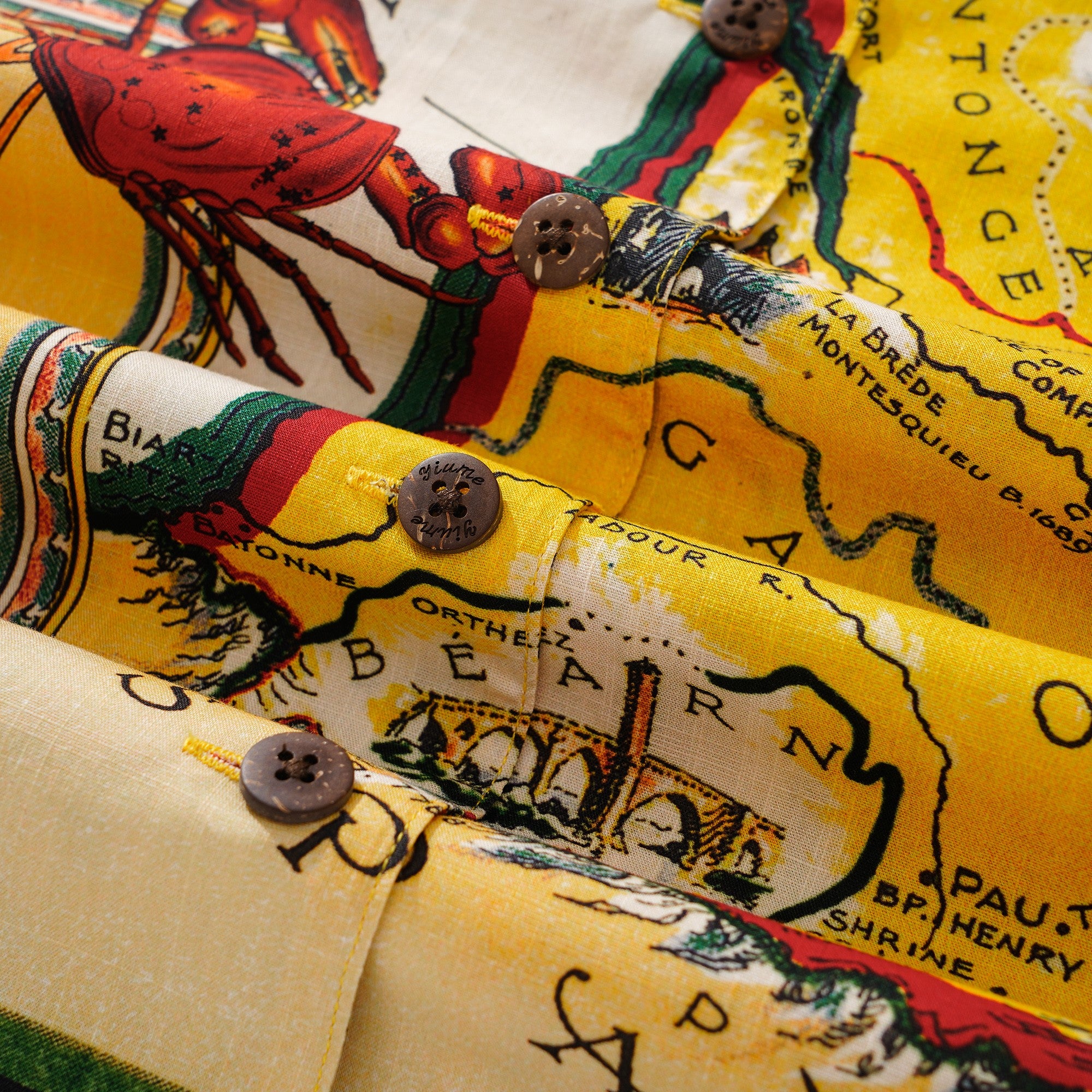 Women's Hawaiian Shirt Short Sleeve Camp Collar 100% Cotton Yellow Aloha Vintage French Map