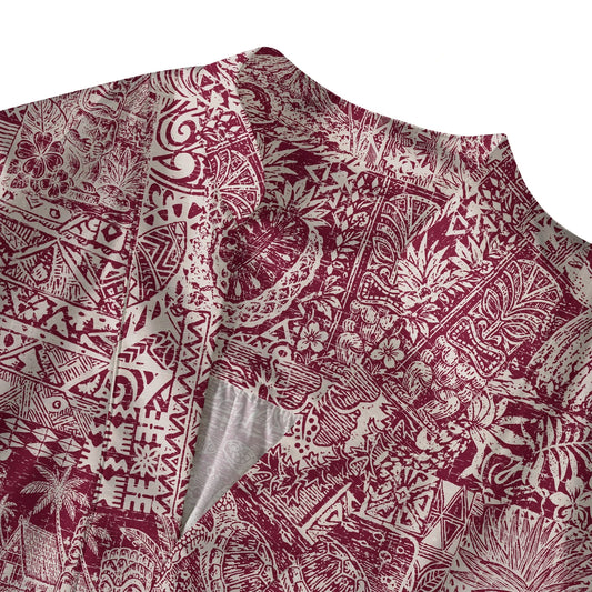 Red aloha Hawaiian blouse with marine life print, women's fashion
