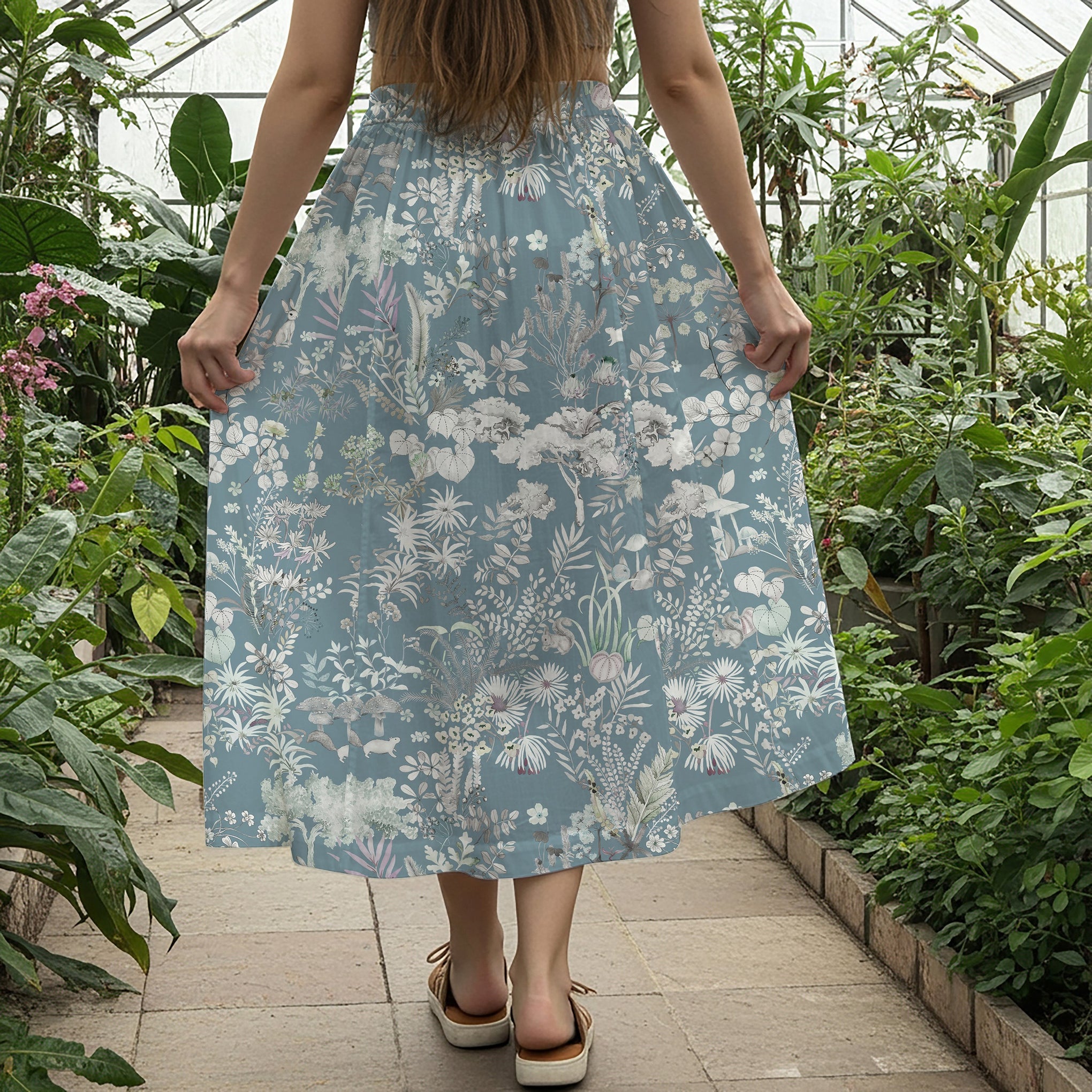 Women Casual Maxi Skirt Long Elastic Waist with Pockets 100% Cotton Blue Aloha Enigmatic Azure Wonderland