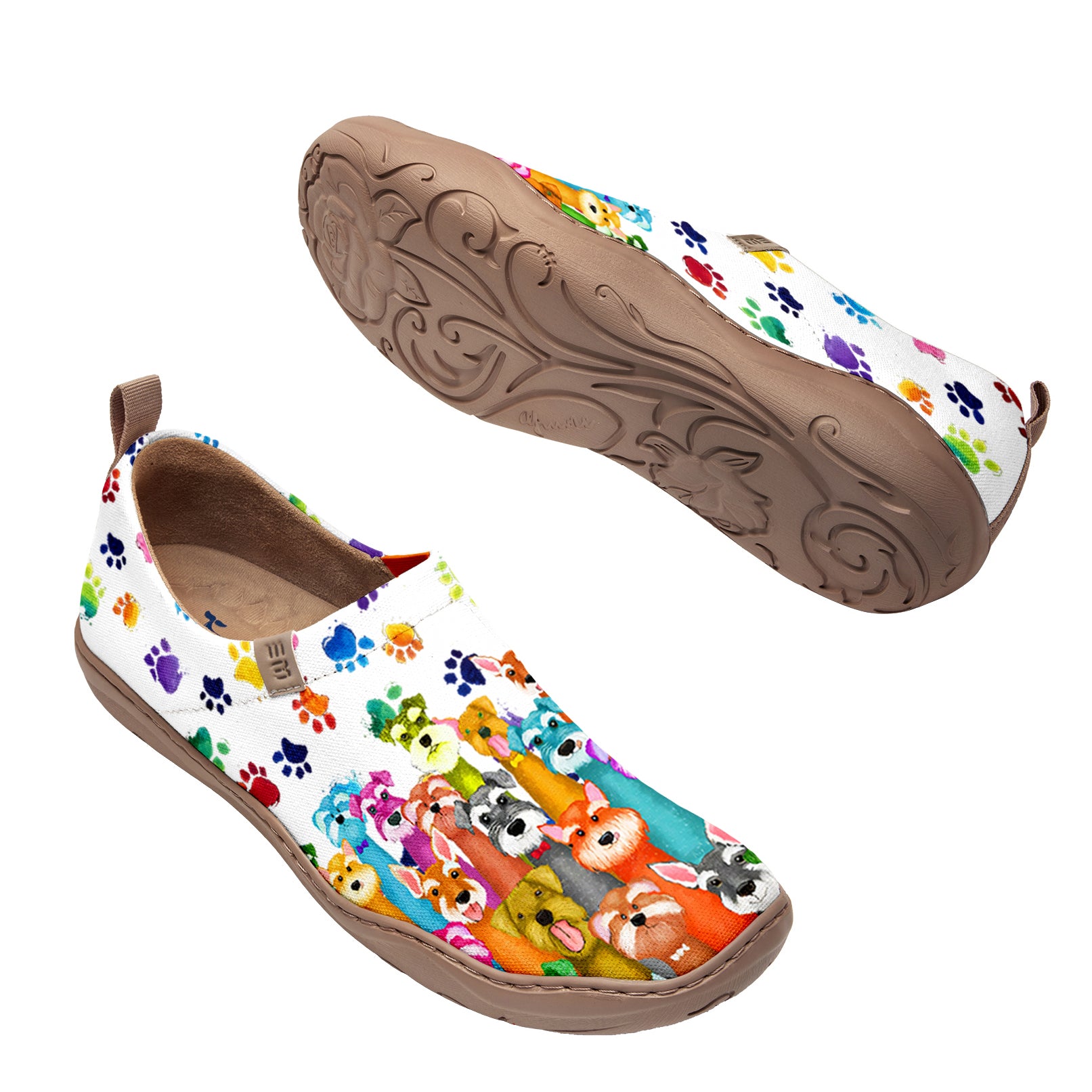 Yiume Frauenkunst Slip-on lässig Canvas Schuhe Welpe Posse bemalt, 100% Baumwoll weißer Hund in lebendigen Farben