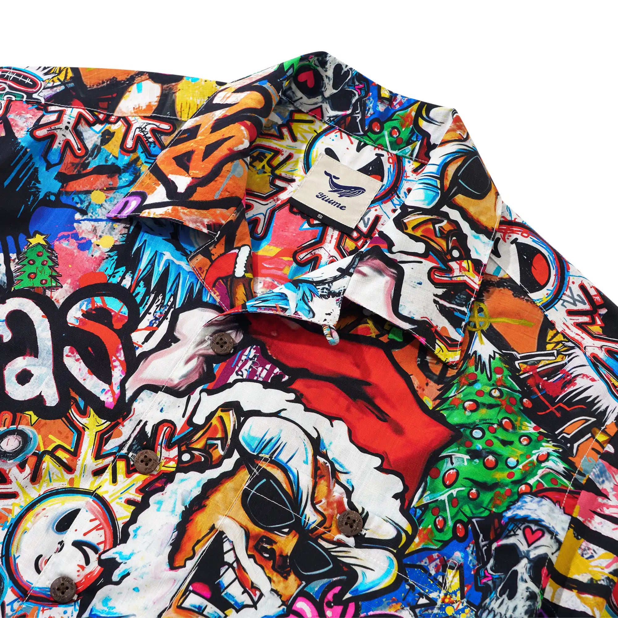 Men's Hawaiian Shirt Short Sleeve Camp Collar 100% Cotton White Aloha Laughing Santa Xmas Fiesta