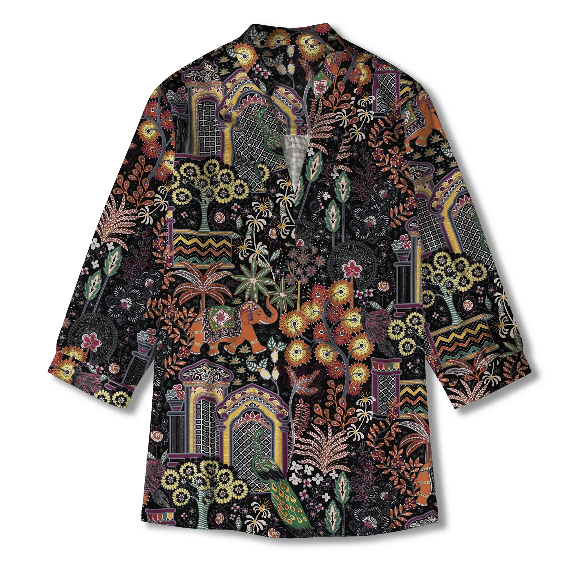 Women's art-inspired green aloha Jaipur gem blouse, relaxed fit