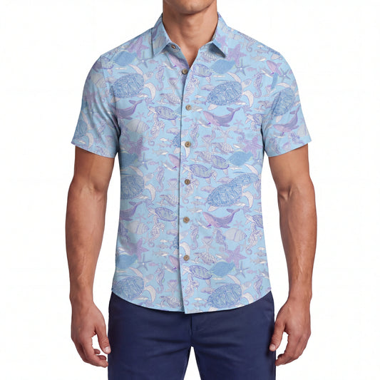 Blue Hawaiian shirt featuring sea turtle and ocean elements