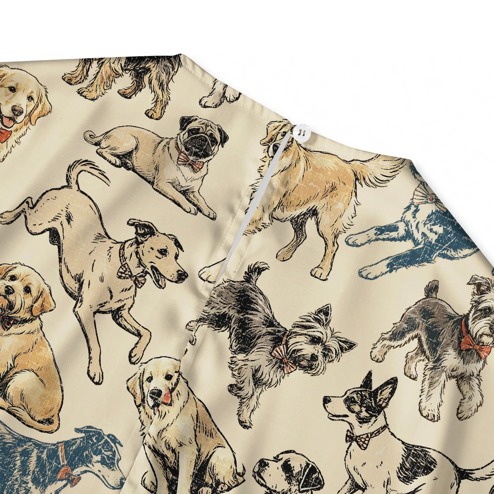 Close-up of dog print on yellow blouse, elbow sleeve