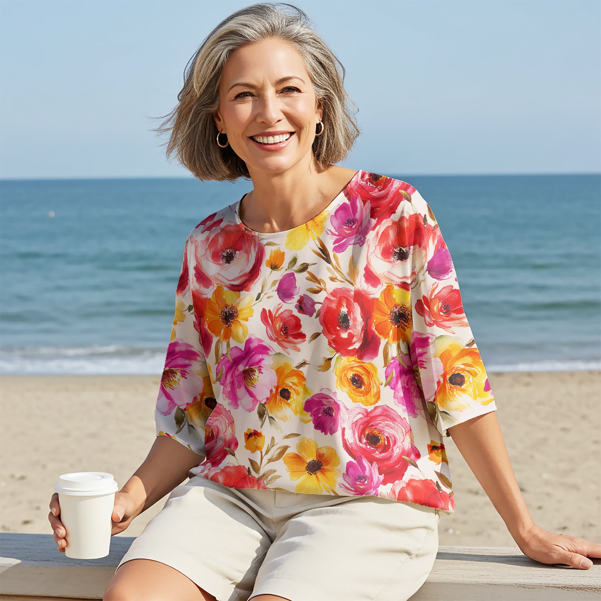 Women Casual Blouse Elbow Sleeve Round Neck Button-Back 100% Lyocell Aloha Blossoming Charm In Full Bloom