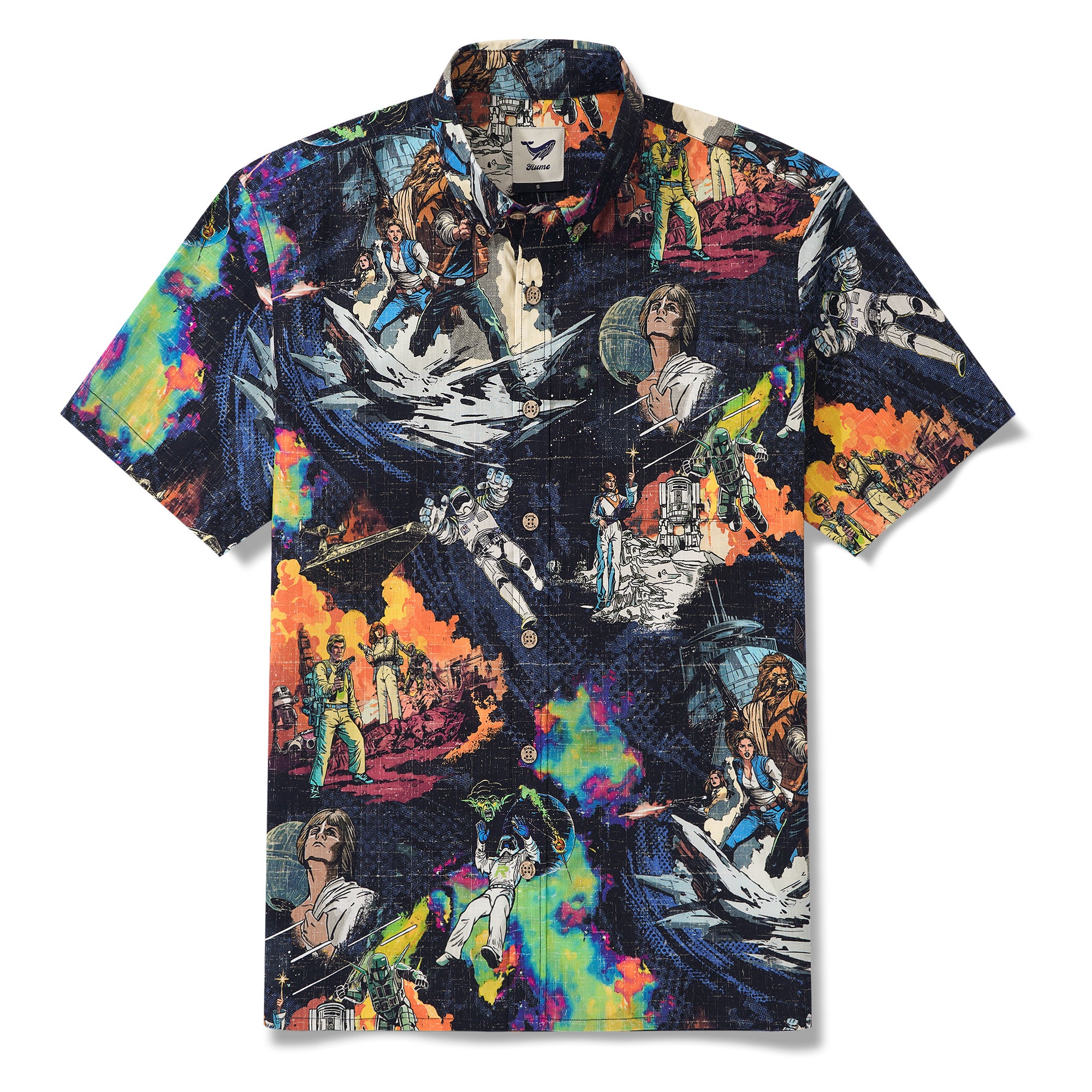 Herren Retro Hawaiian Shirt der 1930er Jahre Astronauten Shirt Kurzarm Button-Down 100% Baumwolle Blau Aloha Galaktische Quest