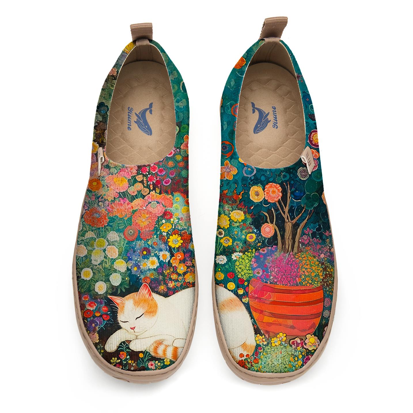 Yiume Frauenkunst Slip-on-Schuhe bequeme atmungsaktive Strick-Freizeitschuhe, schnurren Blütenblätter grüne Blume Kitty Meadow