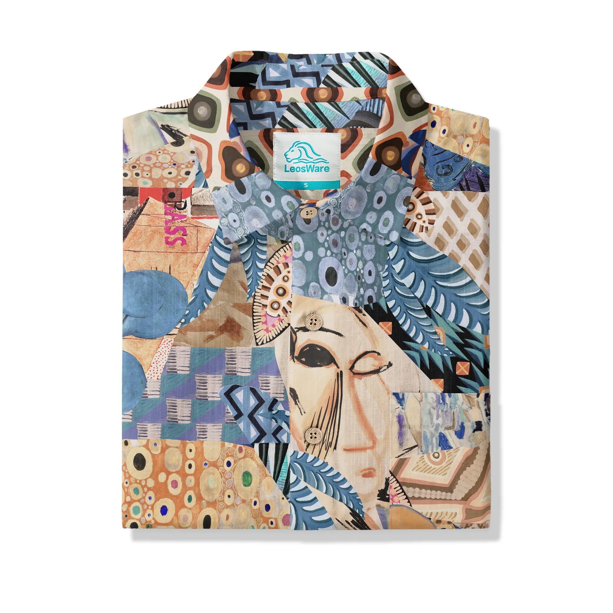 Men's blue shirt, art-inspired, button-up
