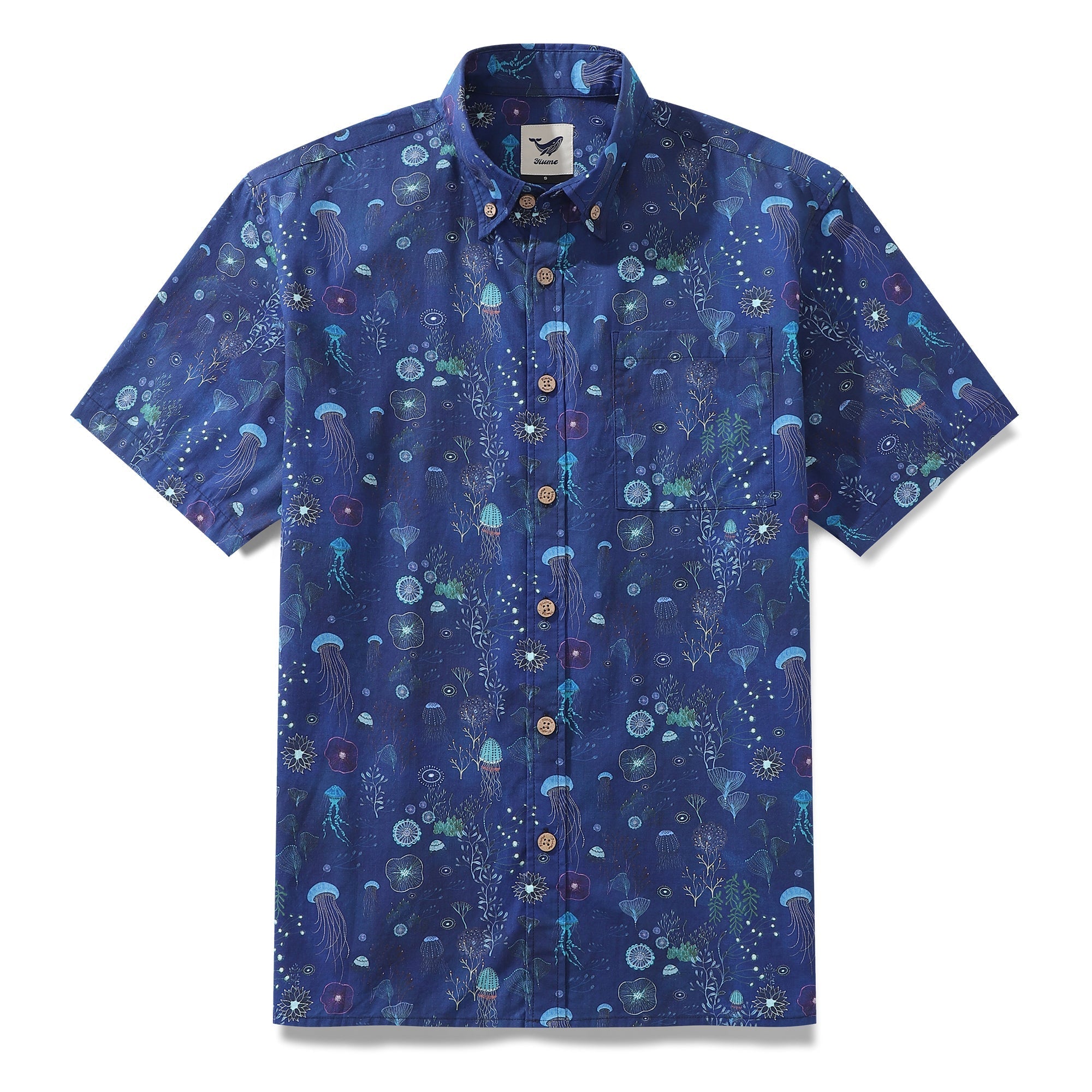 Men's Deep Blue Hawaiian Shirt 100% Cotton Button-down Short Sleeve Jellyfish Aloha Shirt