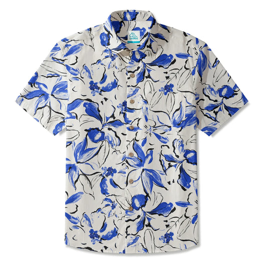 Men's Hawaiian Shirt Indigo Blossoms Blue Button-Up