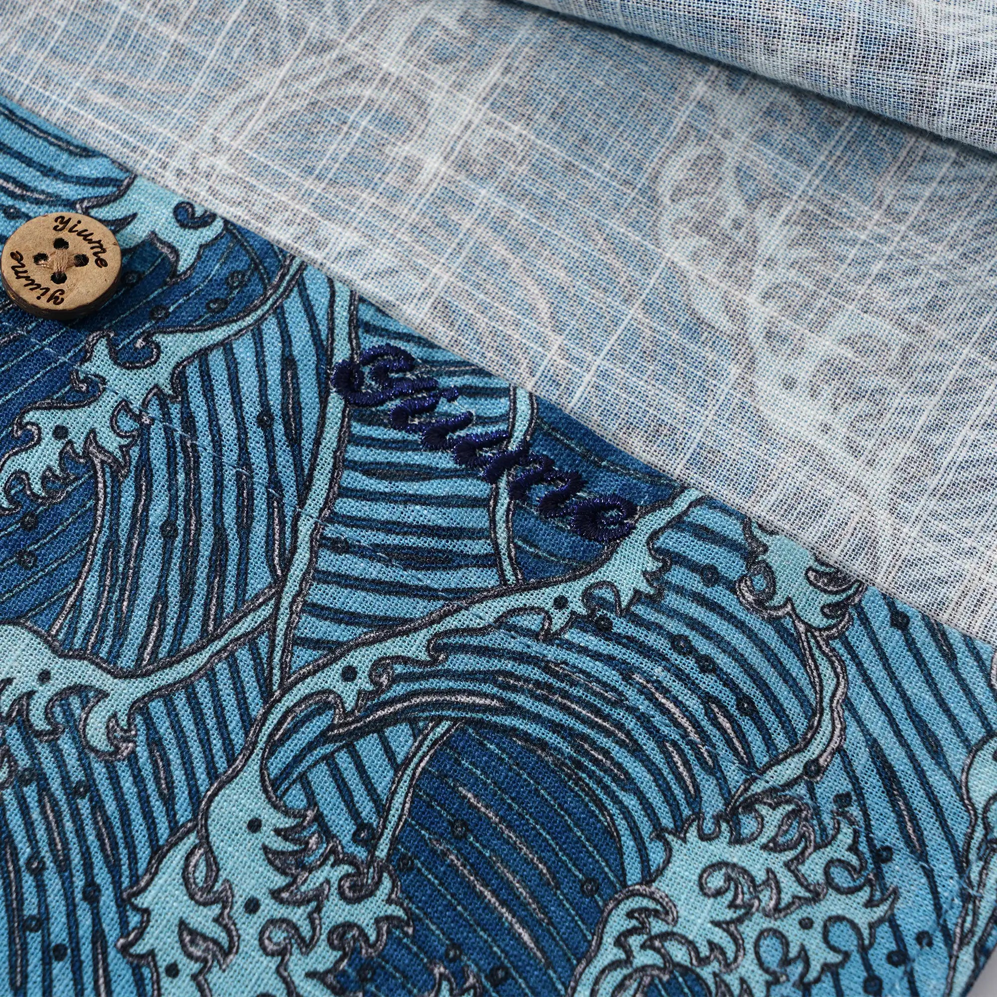 Men's Hawaiian Shirt Long Sleeve Button-down 100% Cotton Blue Aloha Surging Waves Of Ukiyo-e